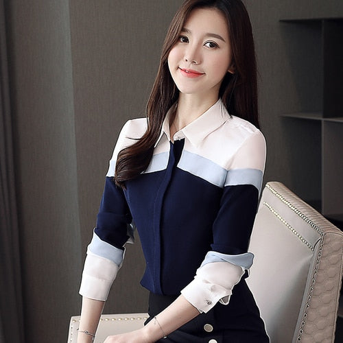 2023 Fashion Womens Long Sleeve Chiffon Blouse Spliced Office Lady Women Blouses Long Sleeve Ladies Tops Striped Blouse 5302