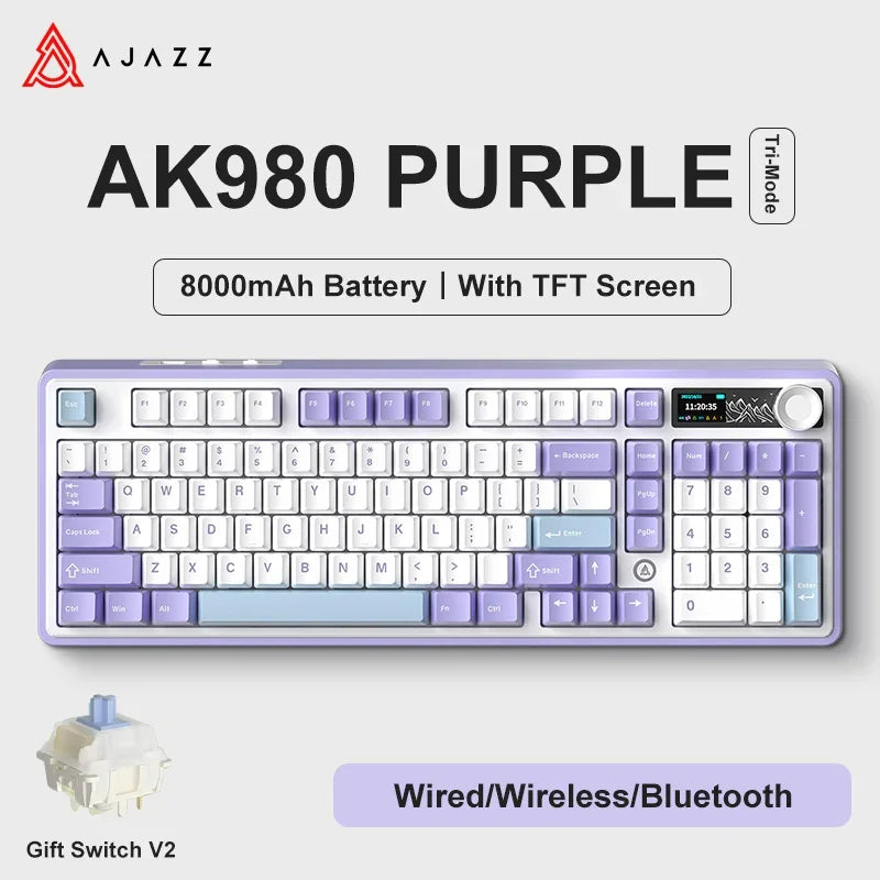 AJAZZ AK980 Mechanical Gaming keyboard, 2.9cm TFT Screen, Volume Knob, 98-Key Gasket Structure, RGB Lighting, Hot-Swappable PR4