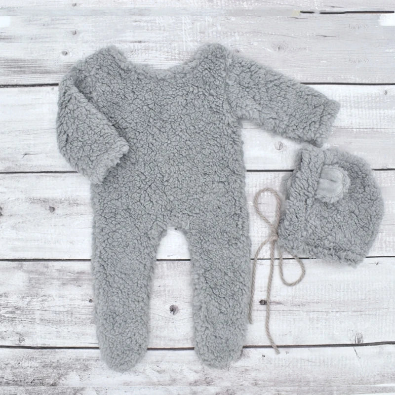 Cute Newborn Bear Bonnet and Pajama Set Infant Photo Prop Brown Plush Bear Ear Hat and Footie Romper Photoshoot Outfit