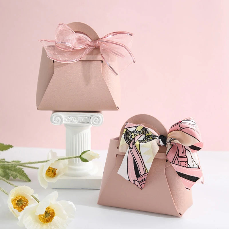60pcs Leather Gift Bags for Easter Eid Wedding Guest Favour Box Mini Handbag With Ribbon Packaging Box Distributions Party Gifts