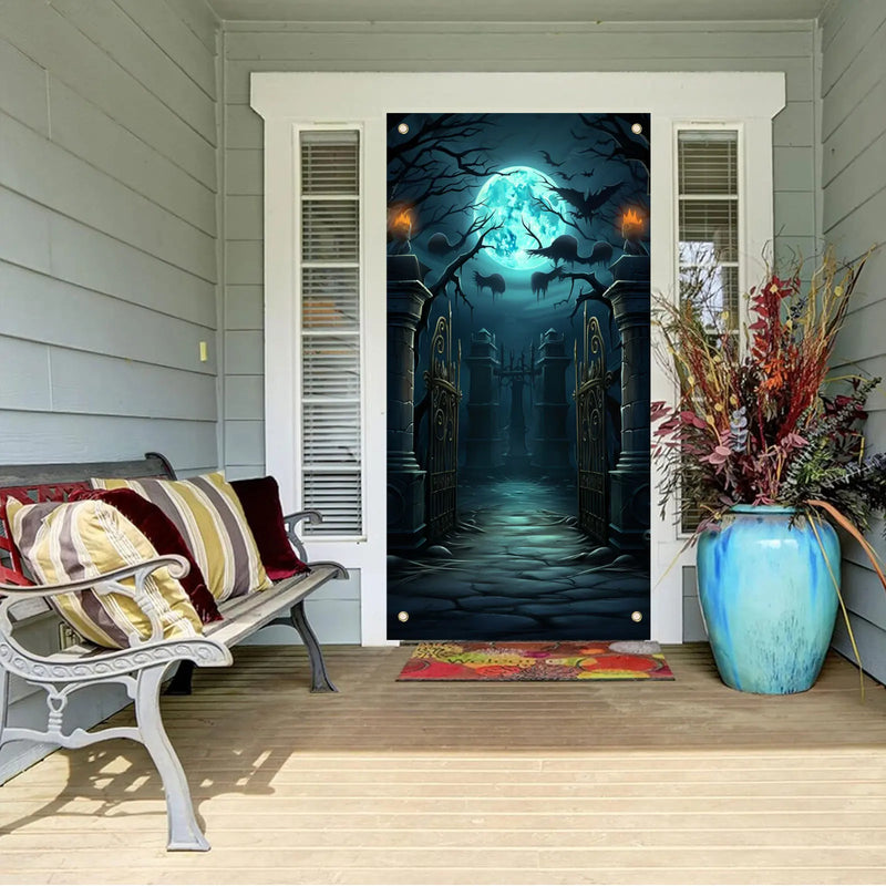 70×35 inch Halloween Door Banner Happy Halloween  Horror Graveyard Full Moon Photography Photo Background Banner