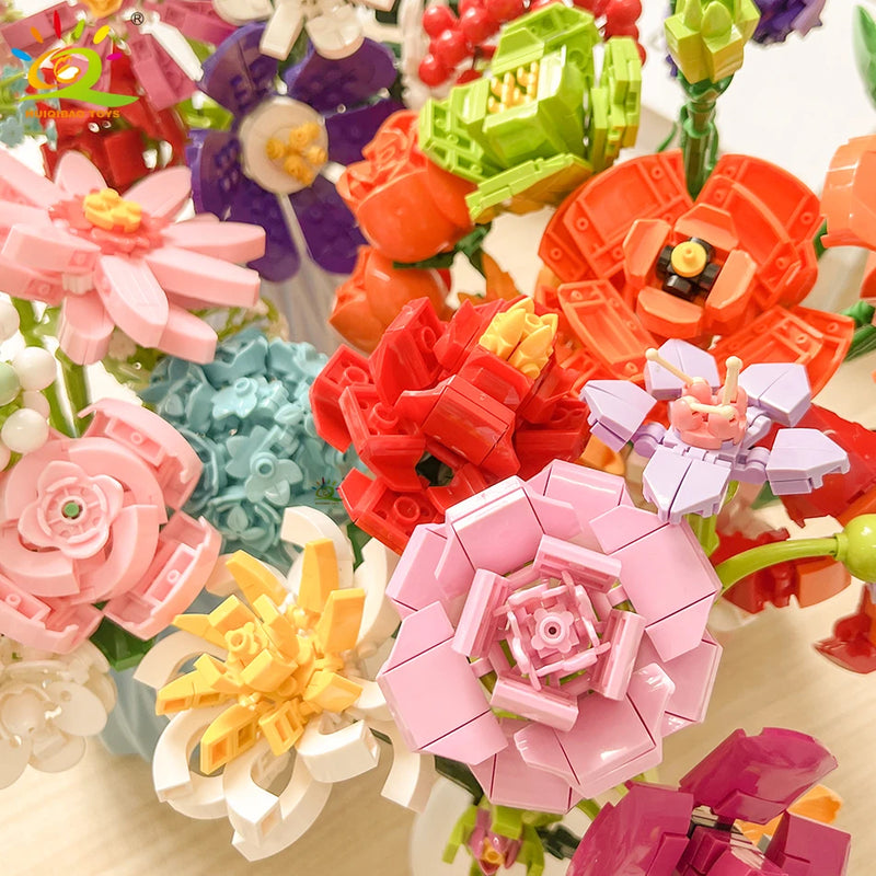 HUIQIBAO MOC Flower Model Building Blocks 3D Bouquet Plants Sunflower Rose Bricks Kits Children DIY Educational Toys Home Decor