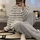 Women's Fluffy Coral Velvet Pajama Sets Winter Cute Students Baggy Cozy Striped Loungewear Simple Warm College Pyjamas Thicken