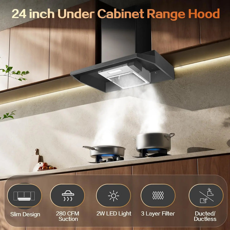 24 inch Under Cabinet 280CFM Black Ducted/Ductless Kitchen Stove Vent with 2 Speed Fan LED Bulb Range Hood