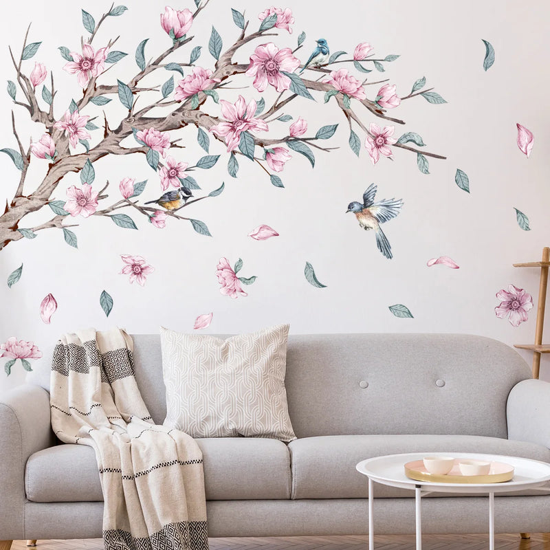 Fresh Branches Wall Sticker Butterflies Birds Wallpaper Pink Flowers Wall Sticker Living Room Bedroom Home Decor Decals Murals