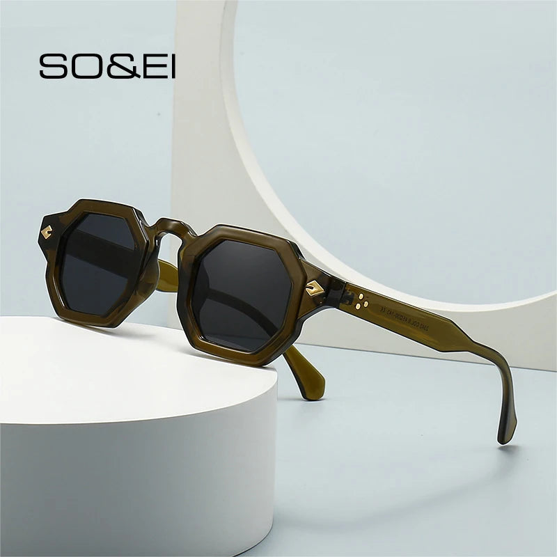SO&EI Retro Polygon Square Women Rivets Sunglasses Gradient Shades UV400 Men Brand Designer Punk Sun Glasses