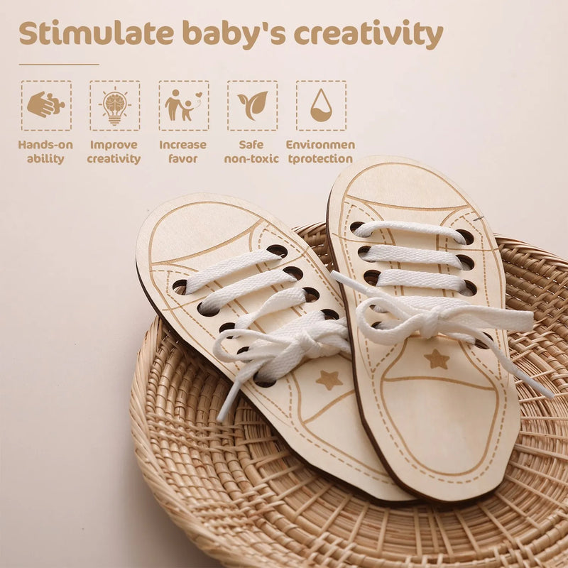 Wooden Lacing Shoe Toy Learn to Tie Laces Creative Threading Toys Practice Tying Shoelaces Boards Educational Montessori Toys