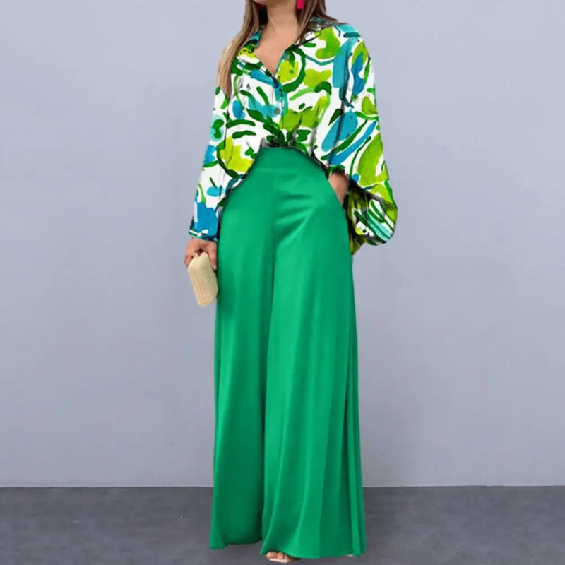 Spring And Autumn For Women's Printed Long Sleeved Shirt Set Casual Fashion Elegant Wide Leg Trousers Female Office 2 Piece Set