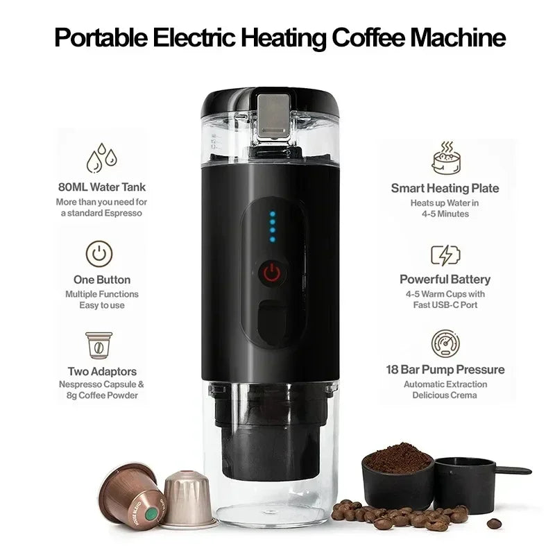 Wireless Heating 7500mAh Portable Automatic Coffee Machine, 20 Bar Electric Capsule Espresso machine for outdoor travel home