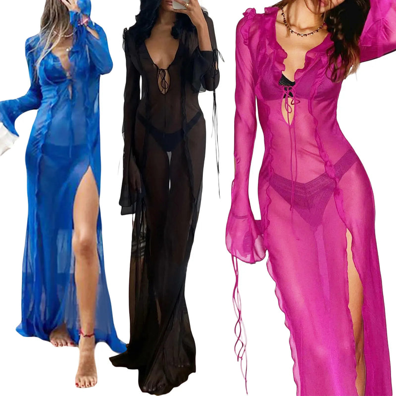 Women Y2k Sexy Sheer Mesh See Through Long Dress Gothtic Long Sleeve Bodycon Dress V Neck Tie Front Side Split Dress