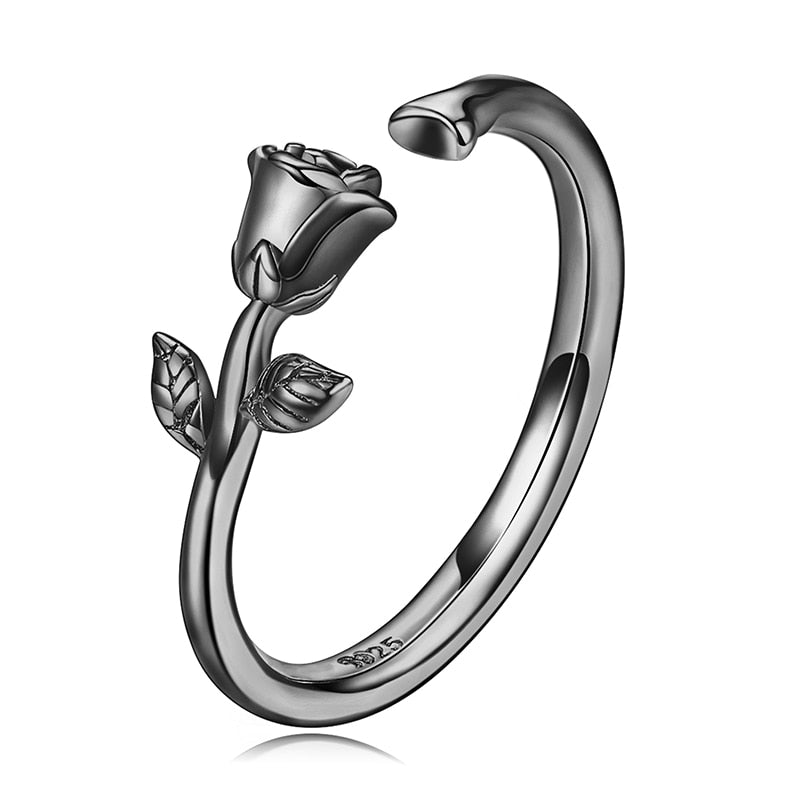 BAMOER 925 Sterling Silver 3D Thorns and Rose Adjustable Finger Rings for Women Plated Black Gold Flower Ring 2 Colors