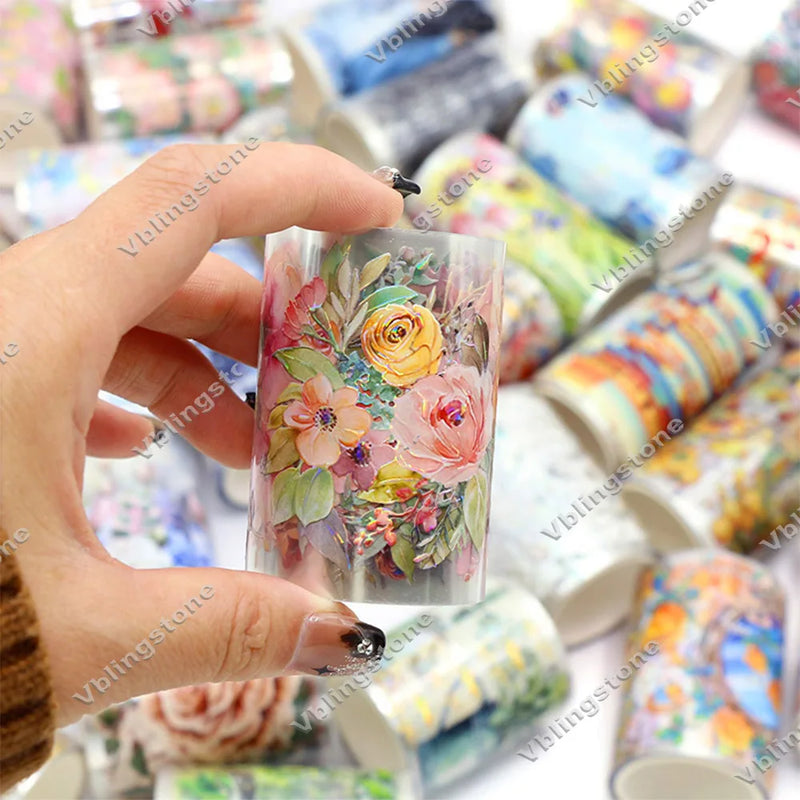 2M Blue Flower PET Washi Tapes Cute Girls Rose Transparent PET Masking Tape Decorative Diary Scrapbooking Sticker Aesthetic