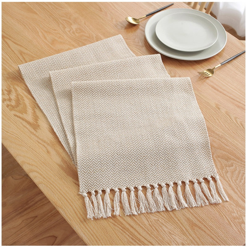 Minthome Simple Table Runner Solid Color Handmade Tassled Cotton Linen Table Runner Household Tea Table Flag