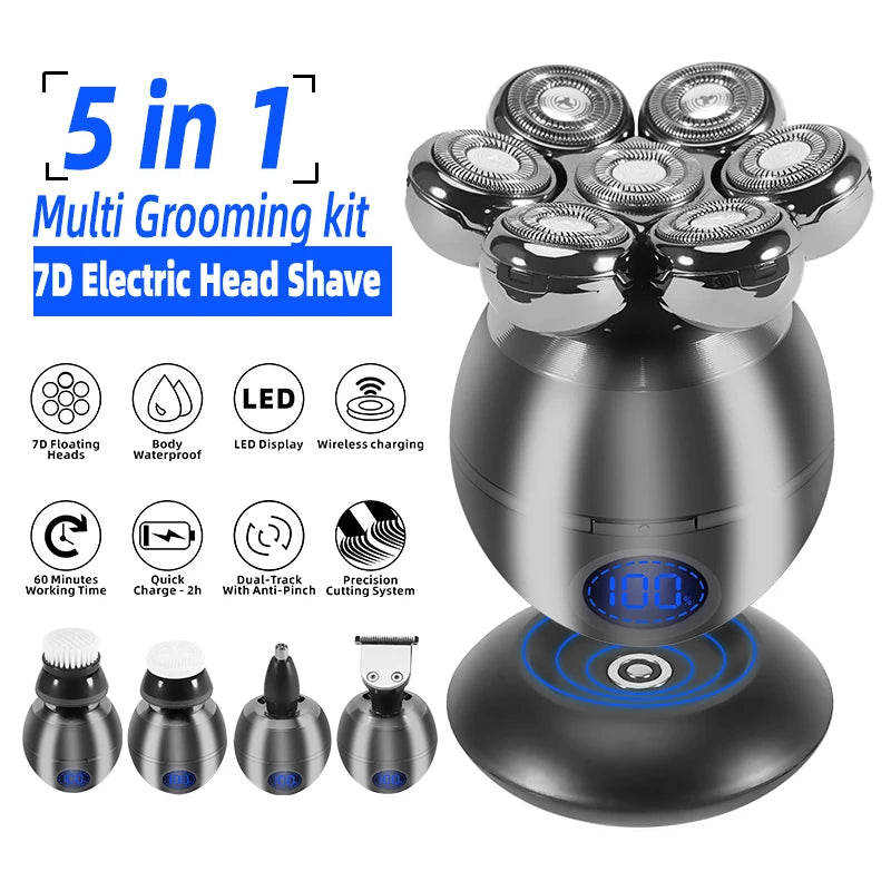 5 in 1 Electric Head Shaver for Bald Men 7D Floating Cutter Beard Trimmer Clipper IP68 Waterproof Shaving USB Wireless Charging