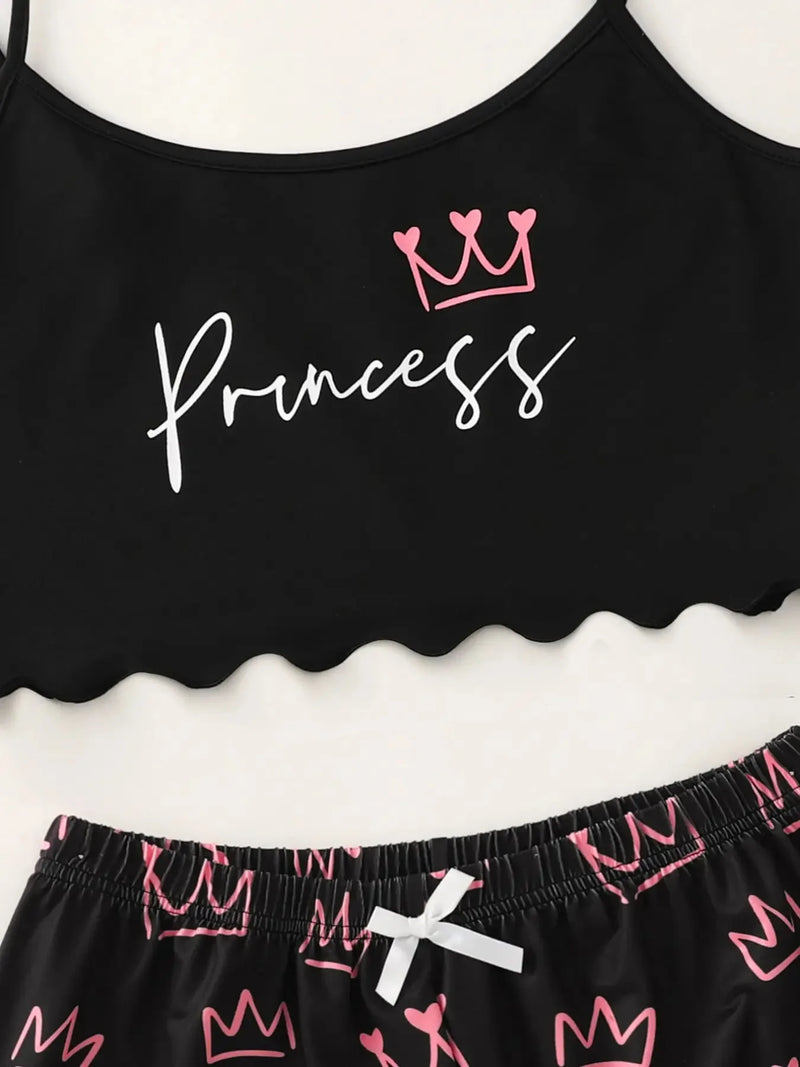 Casual Crown Print Pajama Set  Slip Top &  Shorts With Bowknot Women's Sleepwear & Loungewear