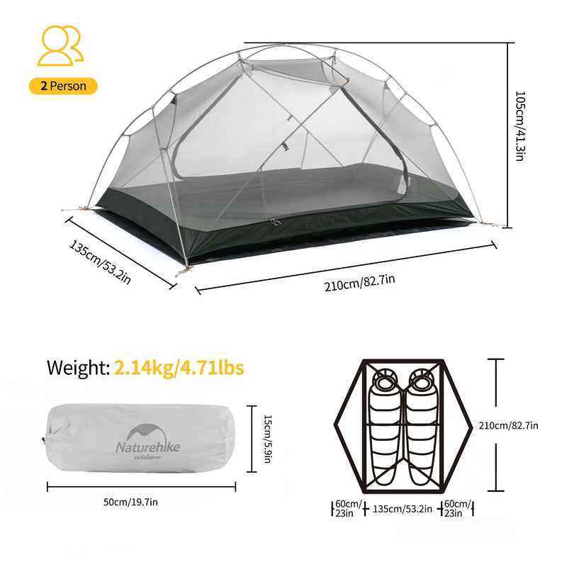 Naturehike Mongar 2 Camping Tent Ultralight Outdoor 3 Season Waterproof 20D Nylon Hiking Tent 2 Person Backpacking Tent