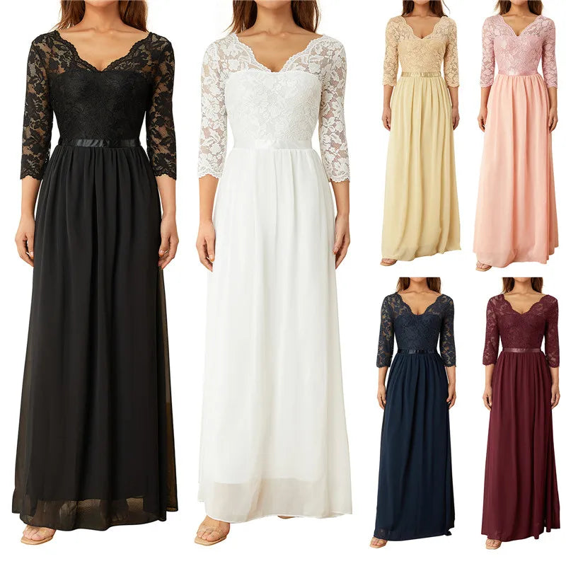 Women Elegant Maxi Long Evening Dress Solid Color Lace Patchwork Backless V Neck High Waist Dress Wedding Party Bridesmaid