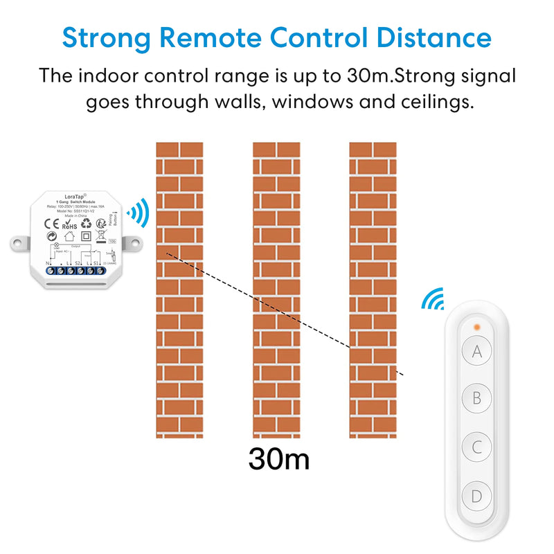 QCSMART Wireless RF 433Mhz 110-220V 16A Light Swich Relay Module Small Device with 4 Button Remote Controller