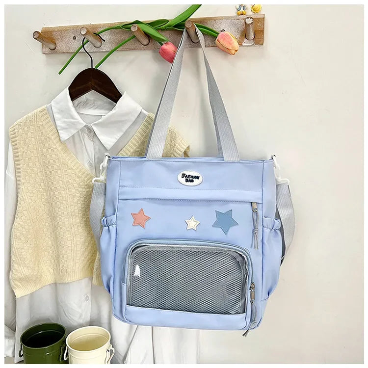 Candy Color Women Shoulder Bag Nylon Star Anime Expo Badge Display Handle Bag Versatile Girl Student Commuter Crossbody Bag