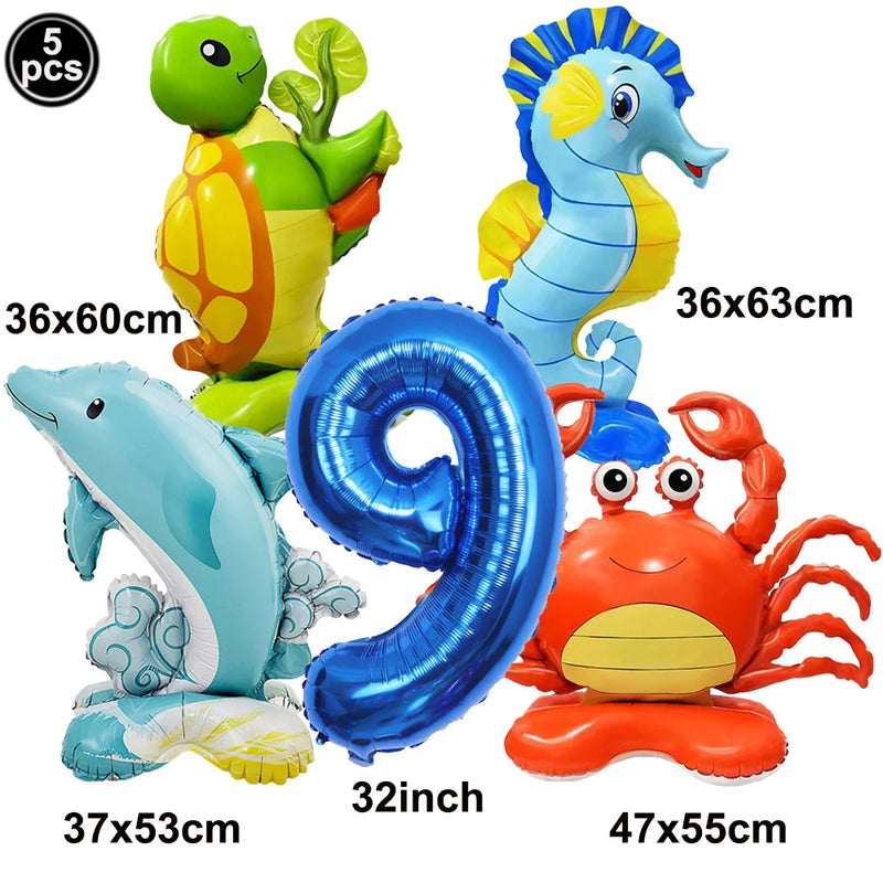 5pcs Cute Sea Animal Balloons Include Crab Seahorse Dolphin Turtle Shape Balloon Under The Sea Party Decors for 1st Birthday
