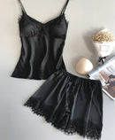 Women's Ice Silk Pajama Suits Fashion V-Neck Lace Stretch Satin Seamless Sexy Lingerie Homewear Pyjamas Shorts Set Sleepwear New