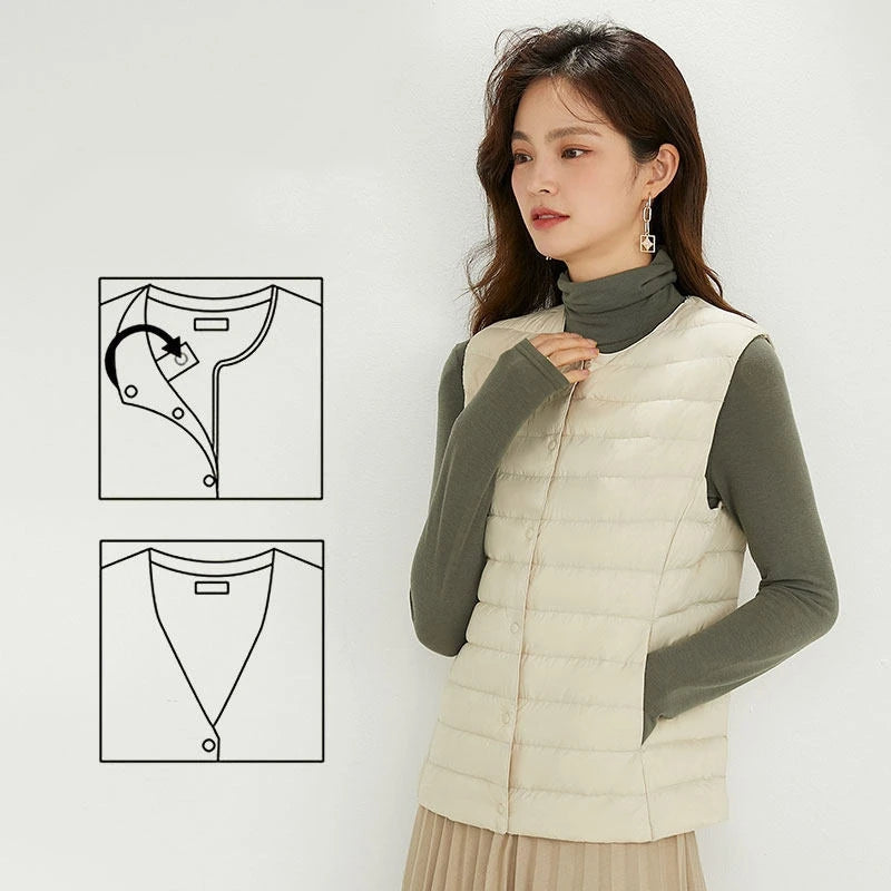 Women Sleeveless Puffer Vest Women's Ultra Light Down Vest Women Two Ways Waistcoat Portable Warm Sleeveless Winter Liner