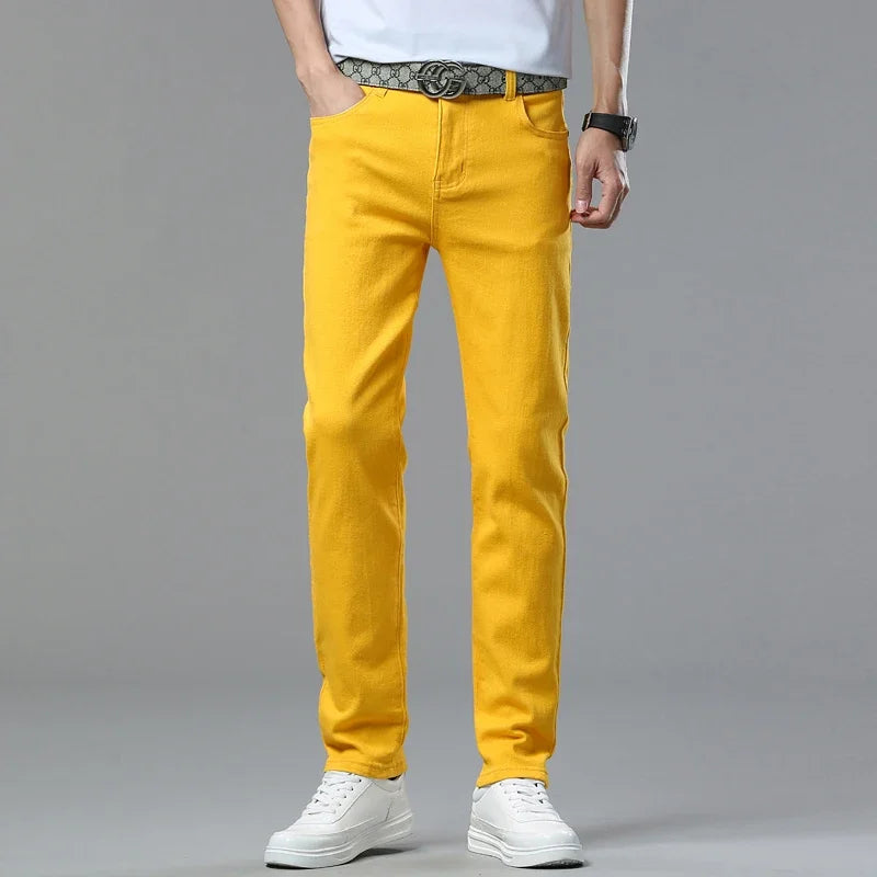White Yellow Pink Red Fashion 5 Color Fashion Men's Stretch Jeans Slim Streetwear Korean Business Straight Casual Denim Trousers