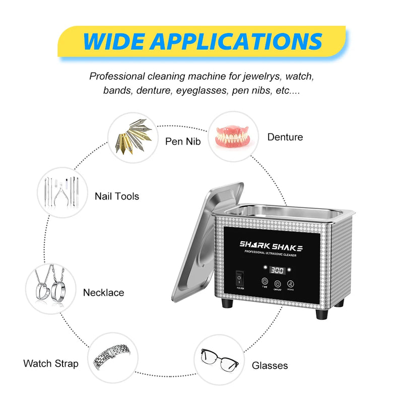 60W Ultrasonic Bath 0.8L Cleaning Machine with Degas Timer Jewelry Brush Glasses Watch Gold Silver Manicure Nail Coin Ring Tools