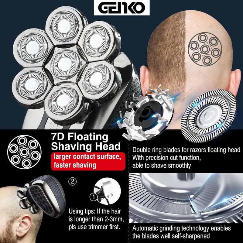 GENKO New Electric Shaver For Men High Quality 7D Independently Electric Razor Waterproof Bald Shaving Machine With Clipper