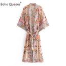 Boho Queens Women Peacock Print Bat Sleeve Beach Bohemian Kimono Robe Ladies V Neck Tassel Summer Bikini Cover-ups