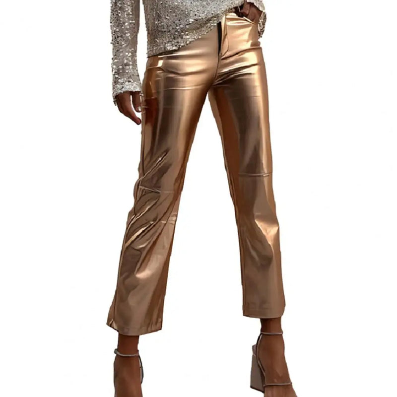 Women Metallic Straight-Leg PU Pants Faux Leather Mid Waist Zipper Breathable Club Party Lady Ninth Pants pantalones de mujer