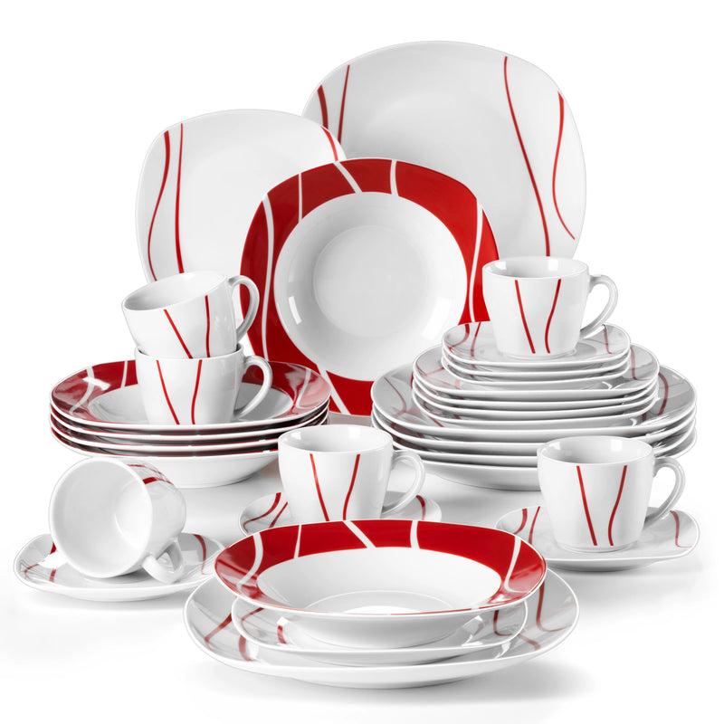 MALACASA 18/30 Piece Red Stripes Ivory White Porcelain Tableware Dinner Set with 6 Piece Cups Saucers Dessert Soup Dinner Plate