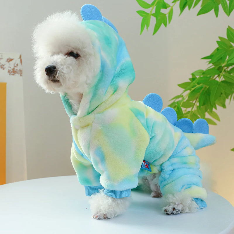 1PC Pet Apparel Dog Autumn and Winter Coral Plush Thickened Warm Colorful Blue Dinosaur Four legged Hoodie For Small Medium Dogs