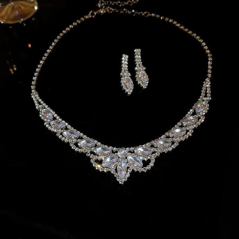 Water Droplets U-shaped Necklace Drop Earrings Two Piece Set Fashion Necklaces Inlaid Rhinestone Jewelry Sets Wedding Gift