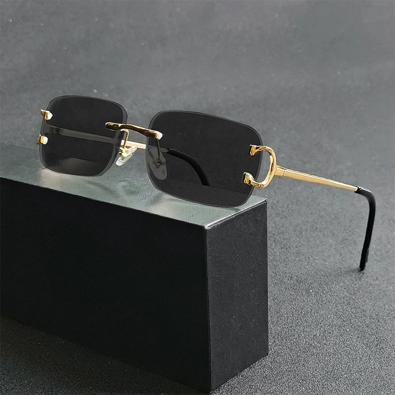 HBK Retro Rimless Sunglasses For Women Men Small Square Gold Frame Brand Design Tea Shades Rectangle UV400 Zonnebril Eyewear
