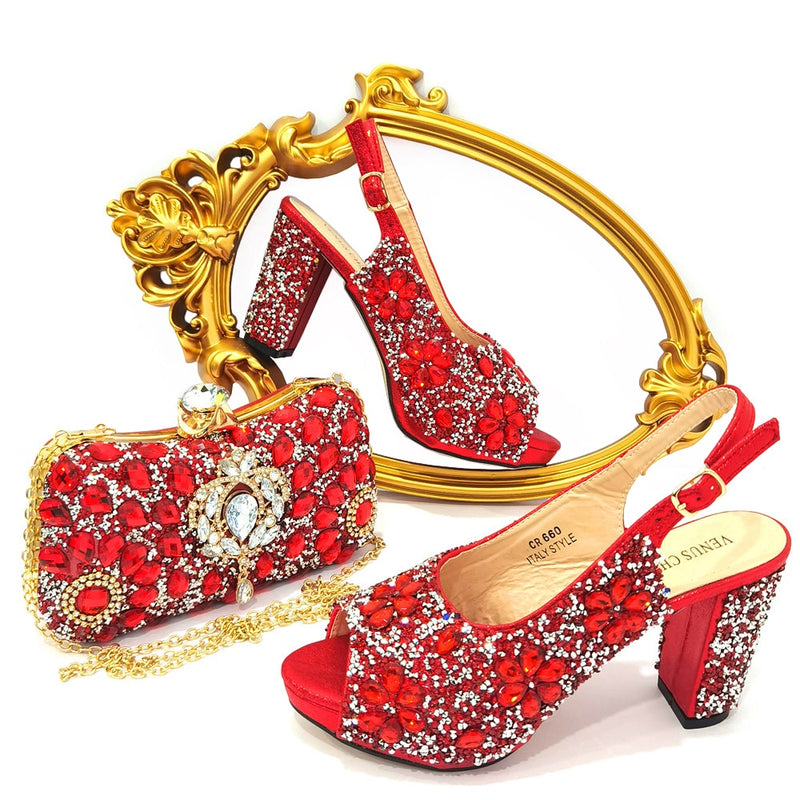 Venus Chan 2022 Nigerian Summer Hot Sale Luxury Fashion Ladies High Heel Slippers and Bags Set with Rhinestones for Wedding