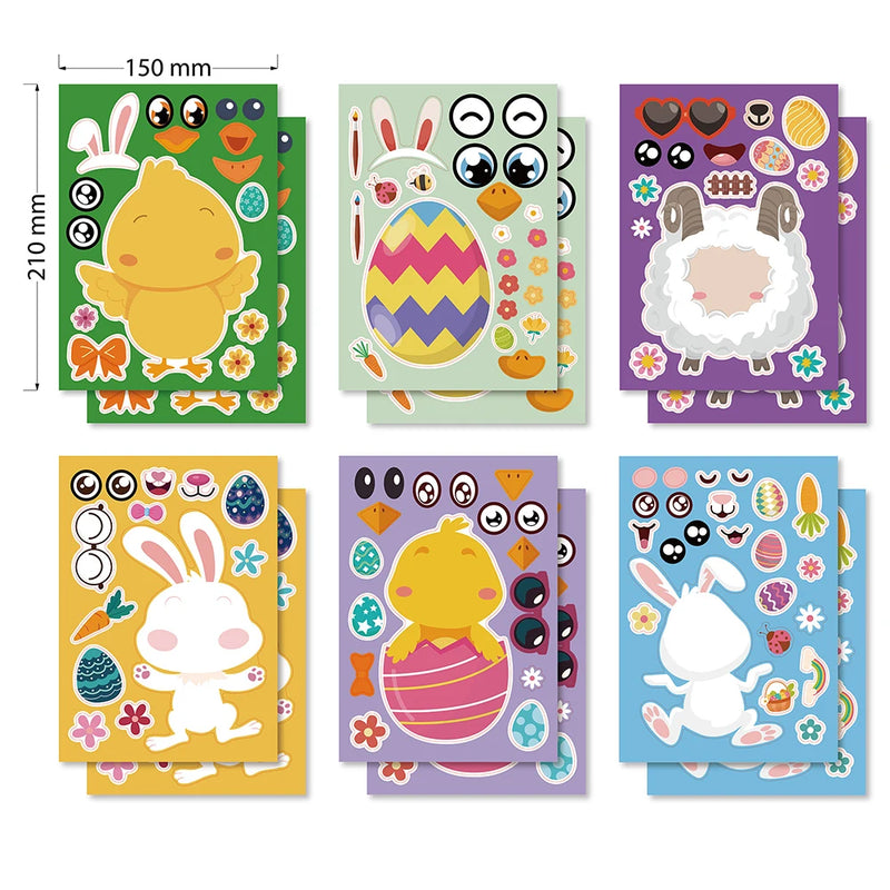 6/12Sheets Children DIY Easter Puzzle Stickers Make-a-Face Cute Animals   Cartoon Decals Jigsaw Toys For Kids Educational Gift