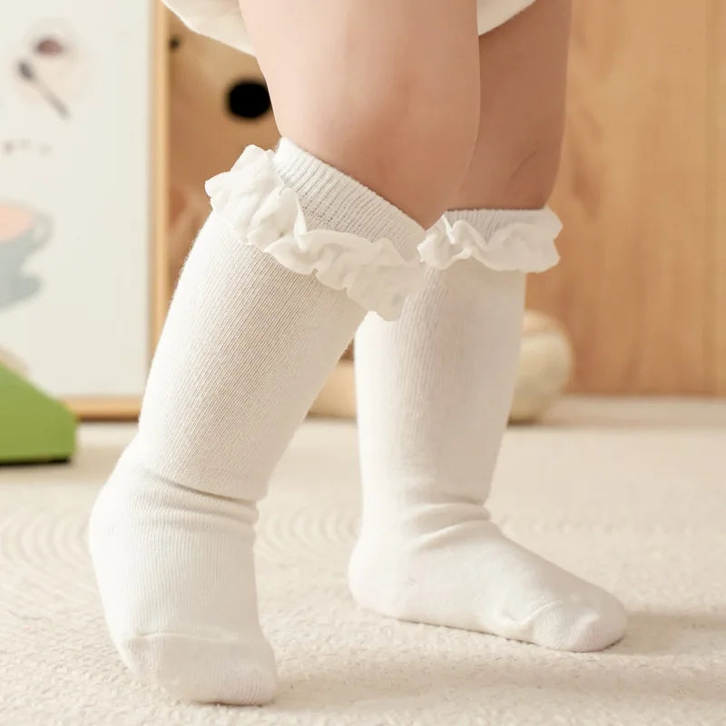 Baby Ruffle Socks Kids Infant Girls Knee High Sock Toddler Girl Solid Cotton Lace Flower Long Christmas Sock For 0-3 Years Gift