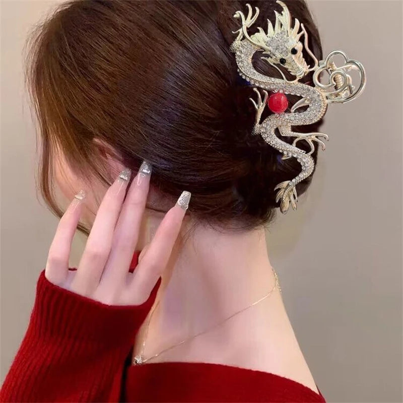 2024 Year Of The Dragon Shark Claw Clip Rhinestones Dragon Hair Claw Metal Hairpin Women Crab Clip Barrette Hair Accessories