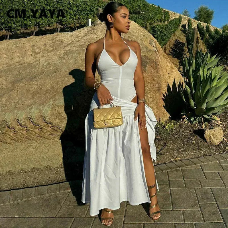 CM.YAYA Elegant Women's Set Sleeveless Strap Bodysuit +Long Skirts Set Autumn Tracksuit Sexy 2024 Tie Up Two 2 Piece Set Outfits