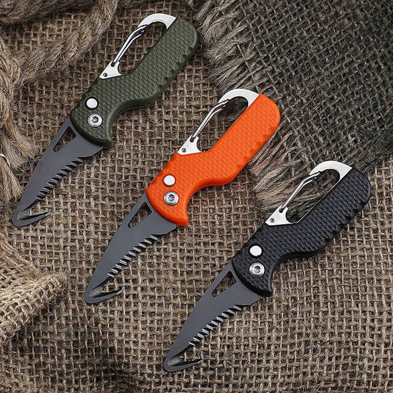 Portable Multifunctional Tool  Foldable Serrated Sharp Express Parcel Knife Keychain With Hook Cut Rope Survival Tool