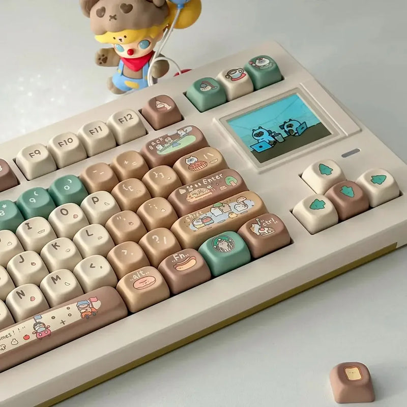 Korean Russian Keycap Khaki Cute Cocoa Bean Milk PBT Five-Sided Sublimation MOA DIY Mechanical Keyboard Cartoon Hangul Keycaps