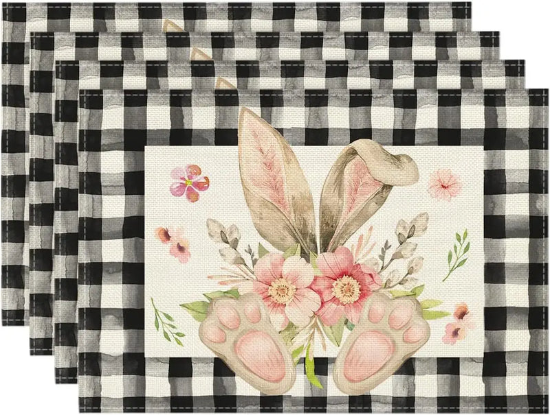 2024 Easter Rabbit Table Runner Linen Bunny Dining Table Cloth Placemat Spring Holiday Happy Easter Decoration for Home Kitchen