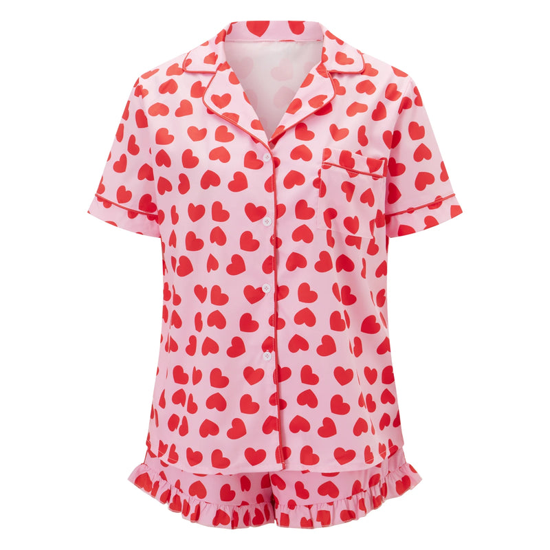 Women s Valentine s Day Pajama Set with Heart Print Short Sleeve Top and Drawstring Shorts Cute Sleepwear Loungewear Set for