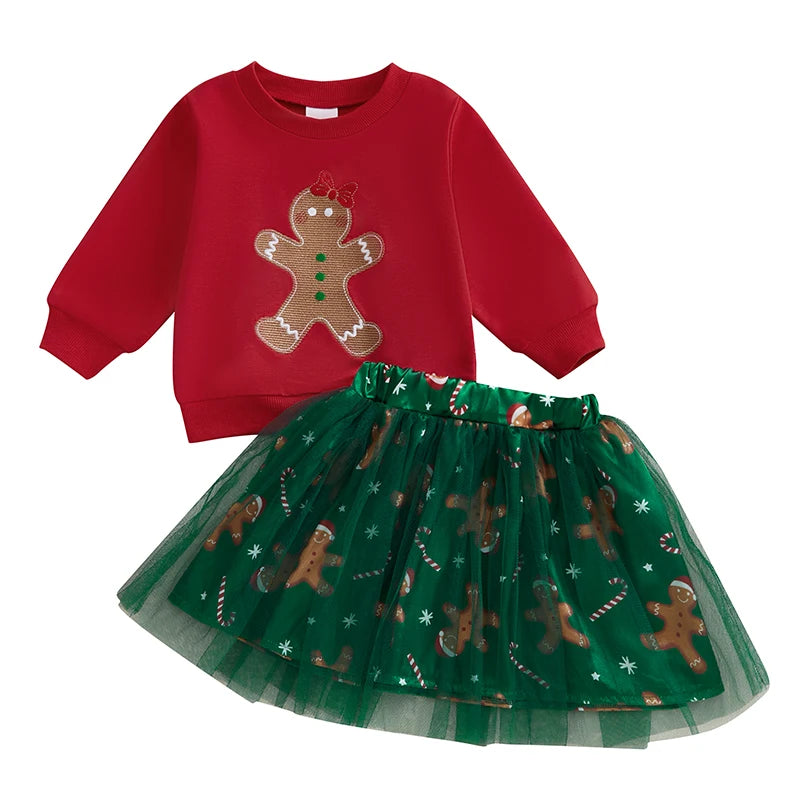 Suefunskry Toddler Girls 2Pcs Christmas Outfits Long Sleeve Gingerbread Sweatshirt Candy Cane Print Tulle Skirt Baby Fall Set