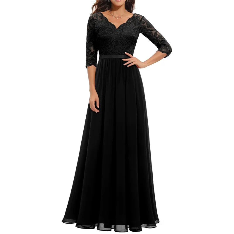 Women Elegant Maxi Long Evening Dress Solid Color Lace Patchwork Backless V Neck High Waist Dress Wedding Party Bridesmaid