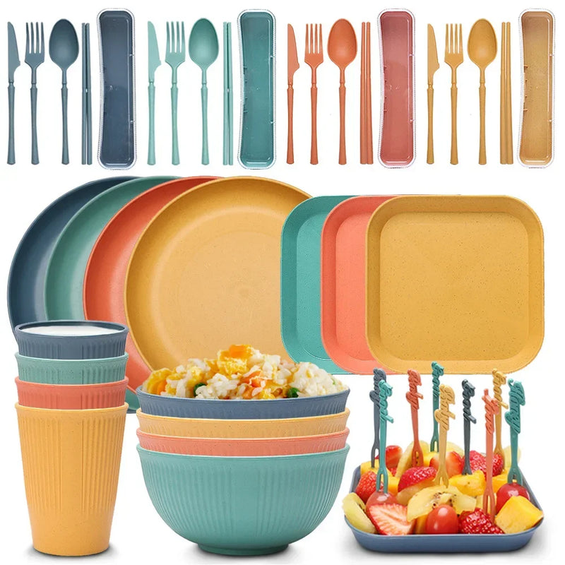 48pcs Plate Sets Wheat Straw Eco-Friendly Ramen Bowl Tableware Dinner Dishes Set Camping Tableware Set With Knife Fork Spoon