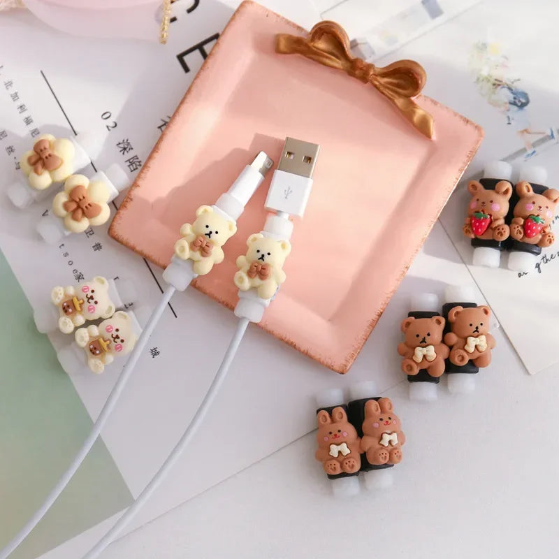 2PCS Breathable Data Line Protective Sleeve Durable Wear-resistant Cable Protector Cover Kawaii Bear Rabbit Charger Cord Winder