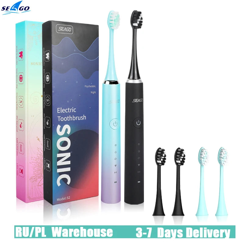 Seago S2 Sonic Electric Toothbrush  5 Modes Whitening Tooth brush 2 Minute Smart Timer IPX7 With 3pcs Replacement Brush Heads