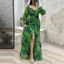 Printing Ladies Long Dress Gathering Pleated Long Sleeved Maix Dresses For Womens Wedding Guest High Slit Cocktail Party Dress